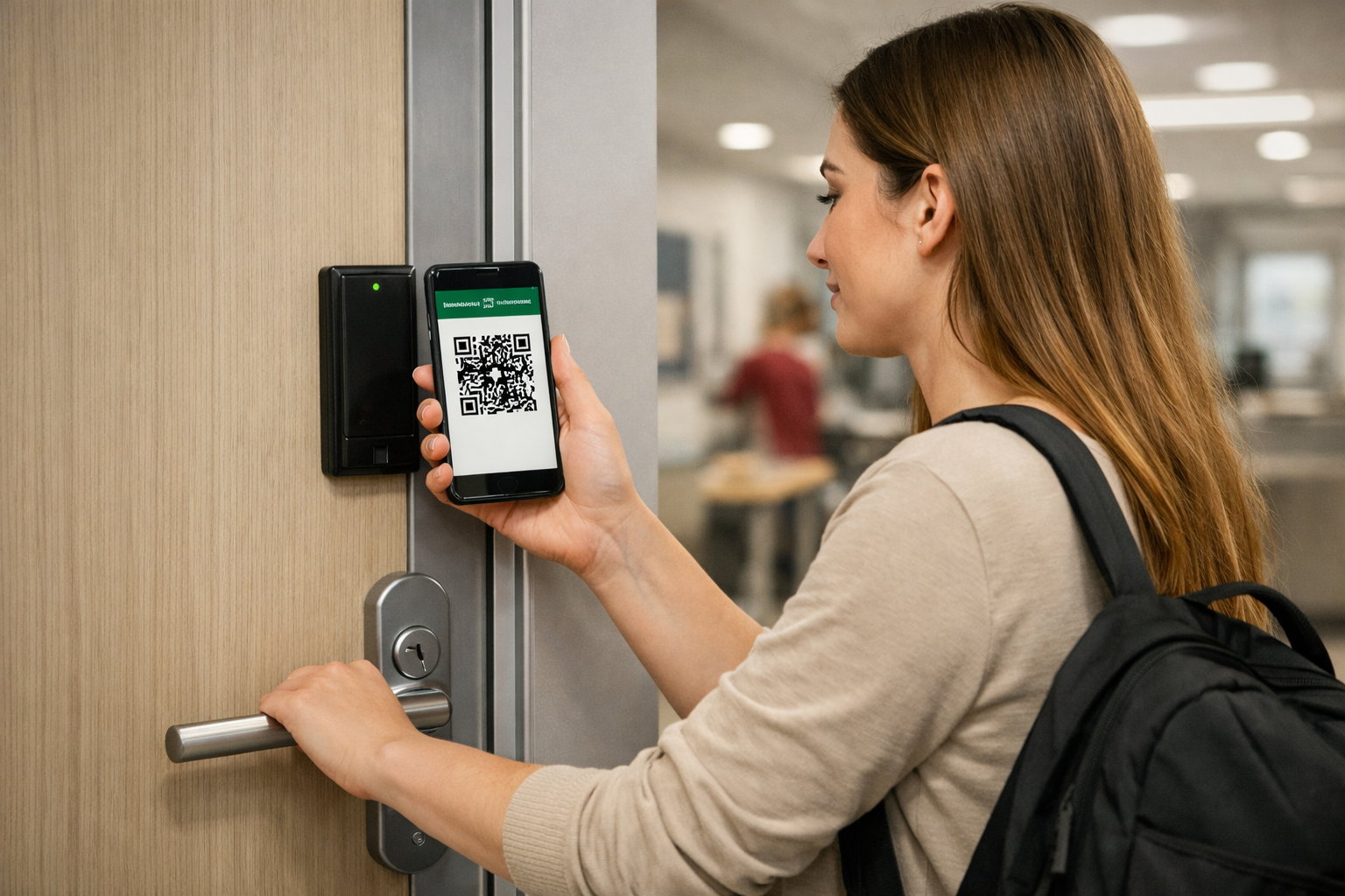una studentessa entra in camera tramite l'applicazione sul telefono